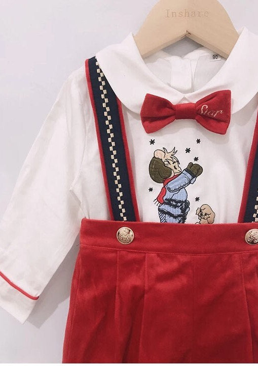 Baby Boy Birthday Outfit | Red Velvet | 4-Piece Smocked Set with Embroidered Cartoon: Shirt, Blue Suspenders, Shorts & Bow Tie (12 Months - 4 Years)