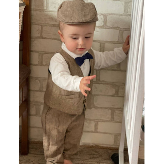 Baby Boy Peaky Blinders Outfit | Brown | 4 Pieces Set: Romper, Waistcoat,  Suspenders and Flat Cap (3 Months - 3 Years)