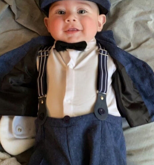 Baby Boy Peaky Blinders Outfit | Navy Blue | 5 Pieces Set: Romper, Waistcoat, Flat Cap, Bow Tie & Suspenders (Newborn - 3 Years Old)