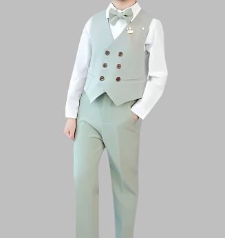 Boy Wedding Outfit | Sage Green | 4 Pieces Set: Shirt, Trousers, Vest and  Bow Tie (3 - 15 Years Old)