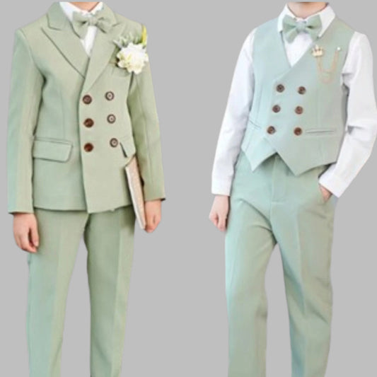 Boy Wedding Outfit | Sage Green | 5-Pieces Set: Shirt, Trousers,Vest, Blazer Coat and  Bow Tie (3-15 Years)